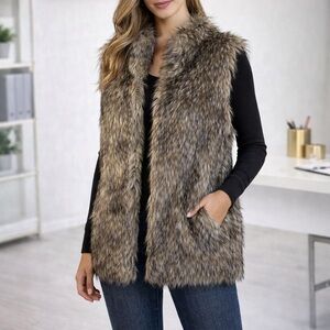 Faux Fur Sleeveless Vest Brown Taupe Multi-Tone Cozy Layering Piece